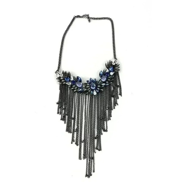 Gray Metal Rhinestone Chain Statement Necklace 13" Blue Clear Retro Boho Dangle - Picture 5 of 11